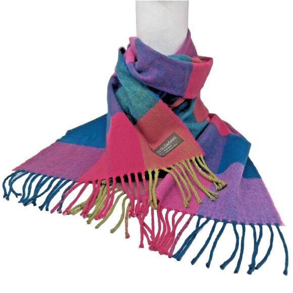 100% Cashmere Plaid Check Scarf Colorful Fringed Preppy Soft Made in Scotland - Picture 1 of 7